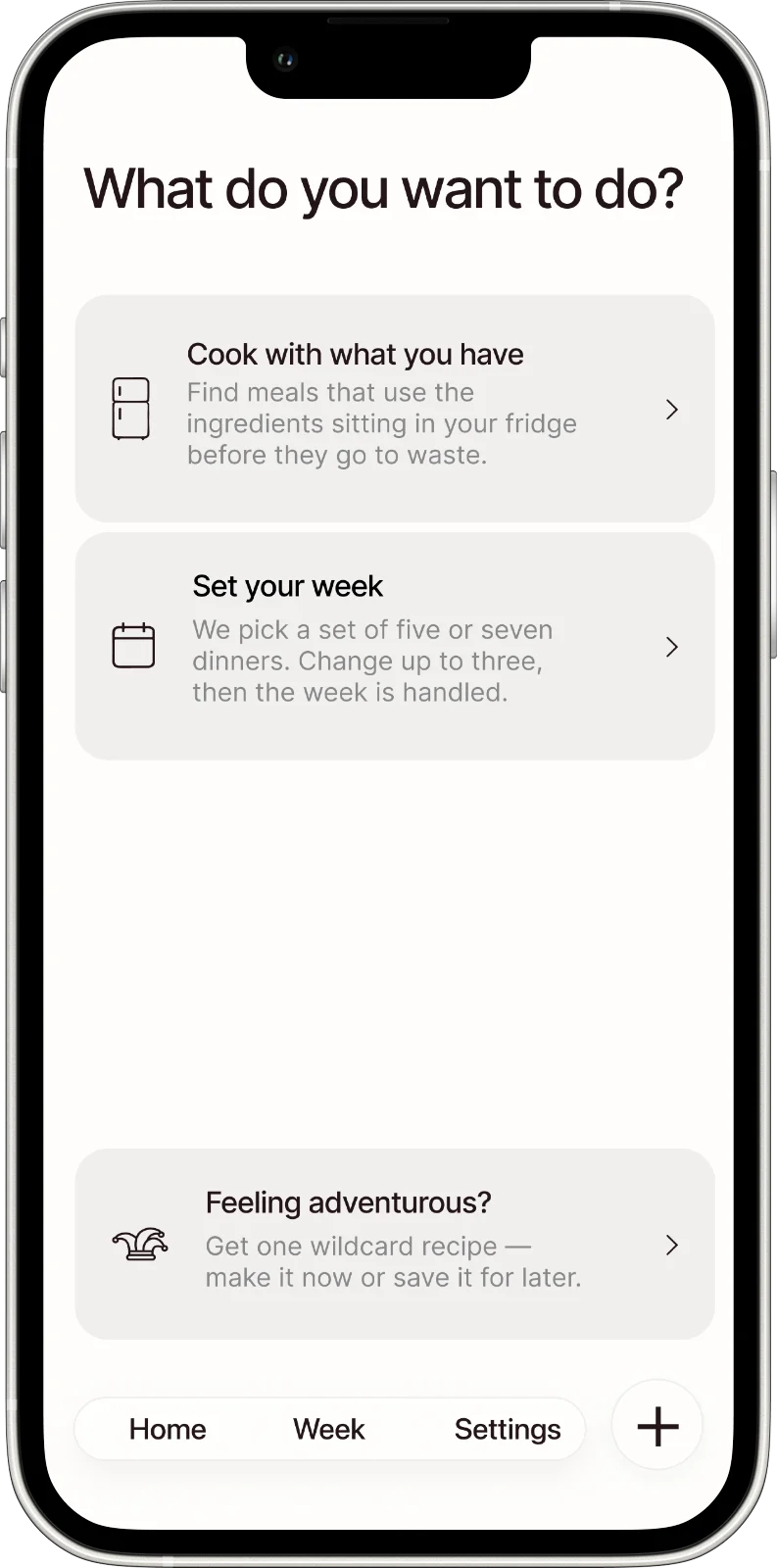 The Rice home screen, asking what you want to do: cook with what you have, set your week, or get a wildcard recipe.