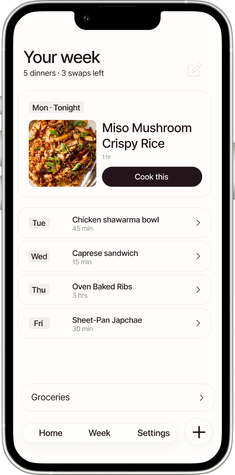 The Rice week screen, showing five planned dinners with swaps left.